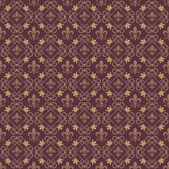 Dark brown background, seamless pattern with crowns and floral patterns in Chinese style