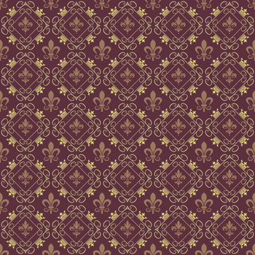 Dark brown background, seamless pattern with crowns and floral patterns in Chinese style
