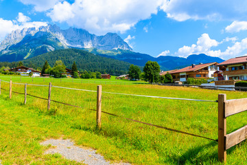 Fototapeta na wymiar Green pasture for horses in Going am Wilden Kaiser village on beautiful sunny summer day, Tirol, Austria