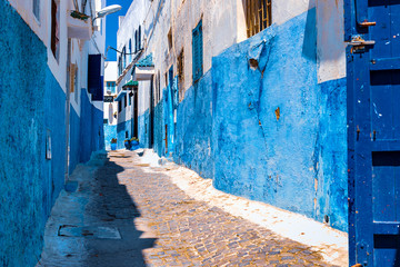 Blue and White Street in the Kasbah of the Udayas in Rabat Morocco