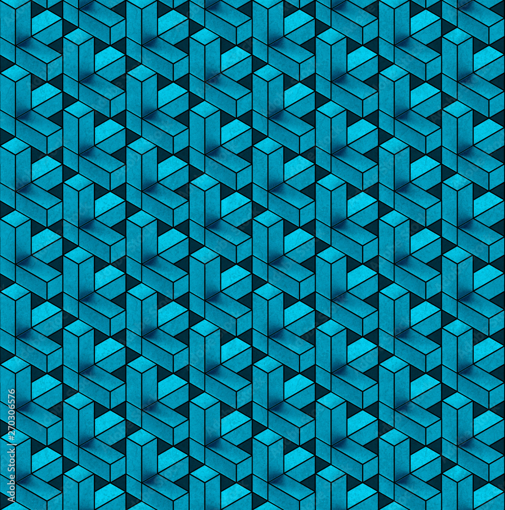 Aufkleber Blue colored abstract geometrical seamless pattern on old concrete surface. Modern print design. 3d rendering