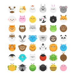 Naklejka premium Cute animals vector icon set. Domestic, farm, zoo, forest, garden, wild animal round design illustrations. Mammals, birds and insect icon collection. Isolated.