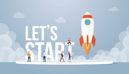 lets start big words concept with team people and rocket startup launch business with team people and smoke with modern flat style - vector