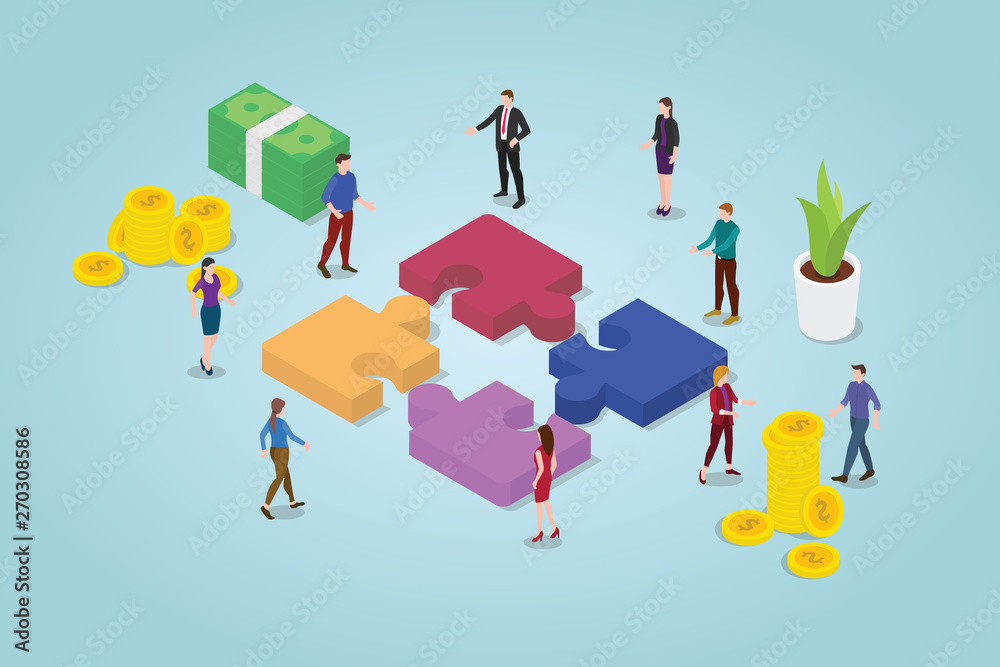 Wall mural teamwork puzzle concept with team working together with puzzles and some financial icon with modern 