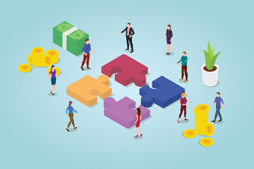 teamwork puzzle concept with team working together with puzzles and some financial icon with modern flat style - vector