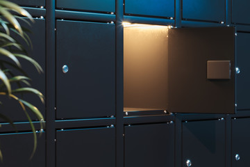 Safe deposit boxes with switched-on light. Safety closets. 3d rendering