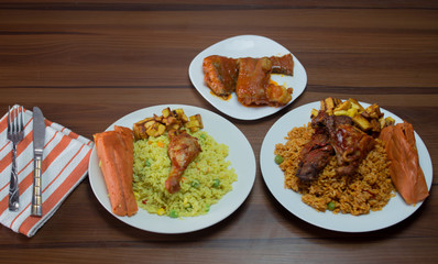 fried rice, jollof rice and moi moi