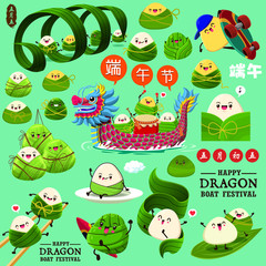 Obraz na płótnie Canvas Vintage Chinese rice dumplings cartoon character & dragon boat. Dragon boat festival illustration.(caption: Dragon Boat festival, 5th day of may)