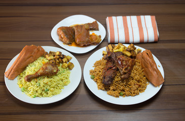 fried rice, jollof rice and moi moi