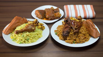 fried rice, jollof rice and moi moi