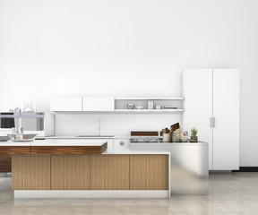 Fototapeta na wymiar 3d rendering white minimal loft mock up kitchen with wood decoration