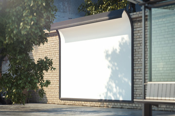 Blank white outdoor horizontal banner at bright wall. 3d rendering.