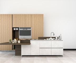 3d rendering white minimal loft mock up kitchen with wood decoration