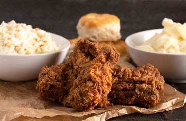 Meal of Fried Chicken Mashed Potatoes Coleslaw and Buttermilk Biscuits