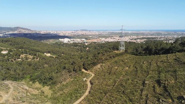 Aerial view  of fields of cherry blossom  in Barcelona. Sant Climent de Llobregat. Spain. 4k Drone Video
