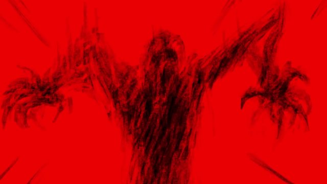 Scary fanged monster attacks in bloody nightmare. Scary blinking eyes in the night. Abstraction in genre of horror. Red color background. Vj looped animation.