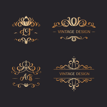 Set of wedding logos in vintage style. Luxury Frames with Gold Ornament