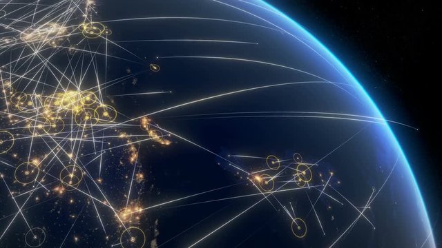 Global communication through a network of connections in Asia and around the world. Concept of internet, social media, traveling. High resolution textures of city lights, earth and stars. 4k.