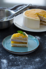 Mango fruit Mousse Cake, decorated with fresh fruits in jelly. Whipped cheese with biscuits