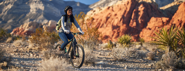 fit african american woman riding bicycle offroad in red rock canyon park panorama