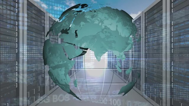 Digital composite of a world grid in a server room