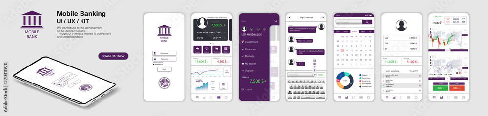 Poster mobile banking app, ui, ux, kit. a set of - mockups screens for mobile banking or website with diffe