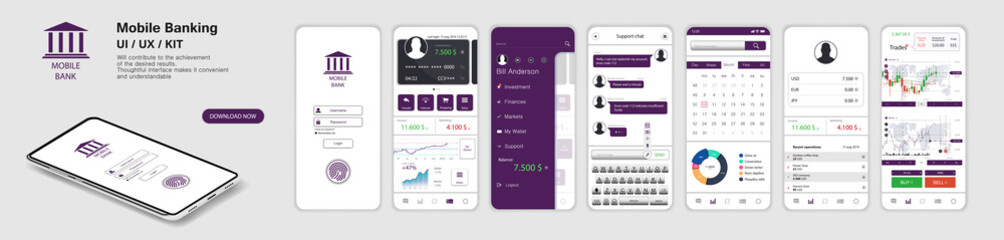 Mobile Banking App, UI, UX, KIT. A set of - Mockups screens for mobile banking or website with different GUI. (Login, payment detailed data statistics, money transfers and transactions, chat support)