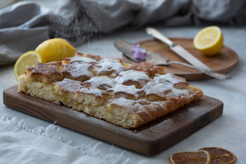 Piece of lemon pie for a breakfast. Piece of lemon pie for a breakfast on a light background