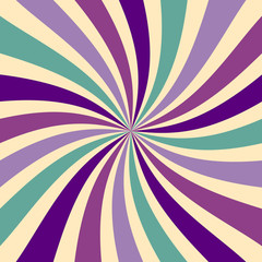 retro sunburst background in abstract twirled pattern with a vintage color palette of purple green and beige in a spiral or swirled striped design