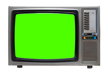 Vintage TV : old retro TV with green screen isolated on white