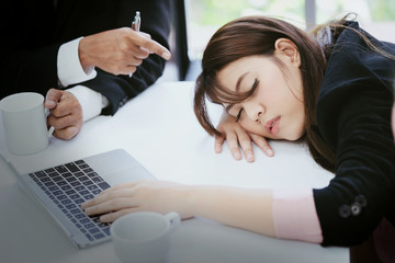 Concept Burnout Syndrome. Businesswoman feels uncomfortable working. Which is caused by stress,...