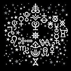 «Astrological bouquet», the excerpt of some recent astrological signs and occult mystical symbols from the Spring 1st page of portfolio. Astrological pattern, celestial background with stars.