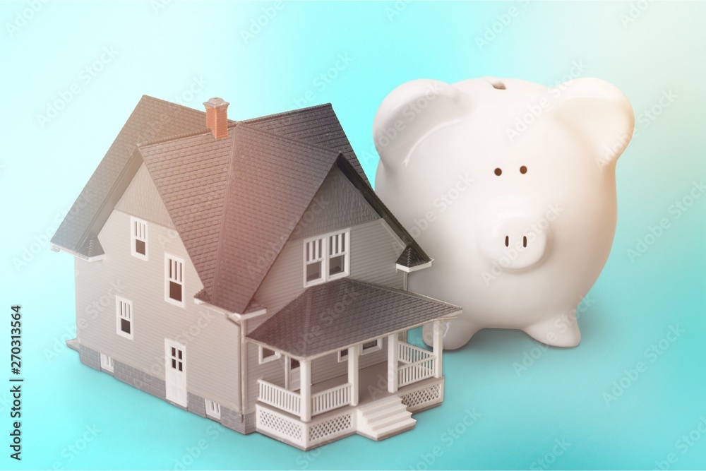 Poster Small House and Piggy bank on background