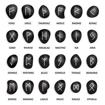 Matching Set of Runes on Smooth Black Stones or Rocks