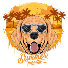 SUMMER GOLDEN DOG WITH COCONUT TREE ISLAND  AND BEACH. EPS VECTOR WITH EDITABLE LAYER