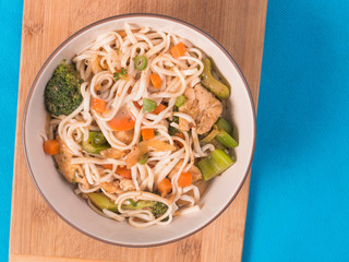 Chicken Chow Mein Bowl with Broccoli Carrots and Onions with Soy Sauce