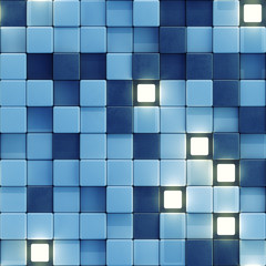 Seamless pattern of glowing white and blue tiles 3D render