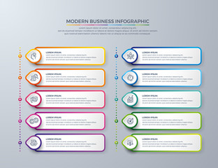 Fototapeta na wymiar Infographic design with 10 process choices or steps. Design elements for your business such as reports, leaflets, brochures, workflows and more. Infographic design with modern colors and simple icons.
