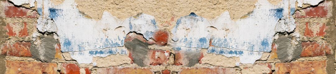 Old damaged brick wall with shabby plaster.