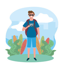travel man wearing sunglases with camera and backpack