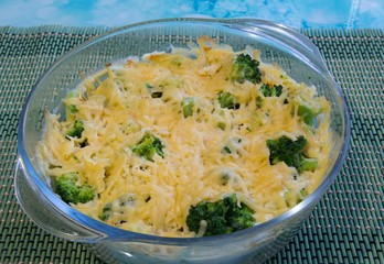 Casserole with chicken, broccoli, eggs and cheese 