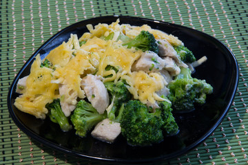 Casserole with chicken, broccoli, eggs and cheese 