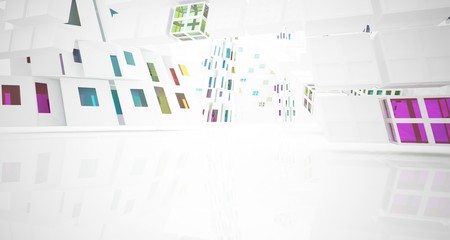 Abstract white and colored gradient glasses interior multilevel public space with window. 3D illustration and rendering.