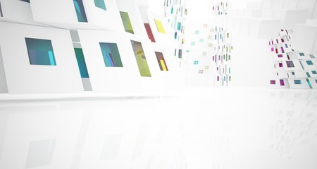 Abstract white and colored gradient glasses interior multilevel public space with window. 3D illustration and rendering.