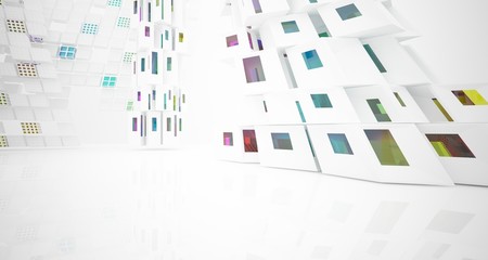 Abstract white and colored gradient glasses interior multilevel public space with window. 3D illustration and rendering.