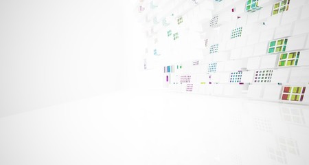 Abstract white and colored gradient glasses interior multilevel public space with window. 3D illustration and rendering.