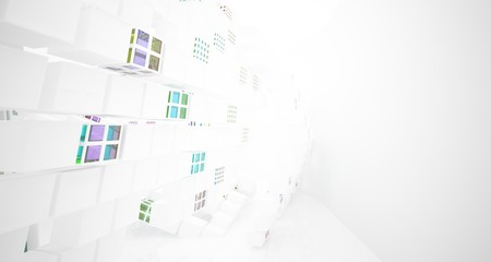 Abstract white and colored gradient glasses interior multilevel public space with window. 3D illustration and rendering.