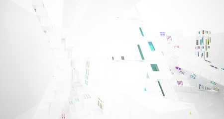 Abstract white and colored gradient glasses interior multilevel public space with window. 3D illustration and rendering.