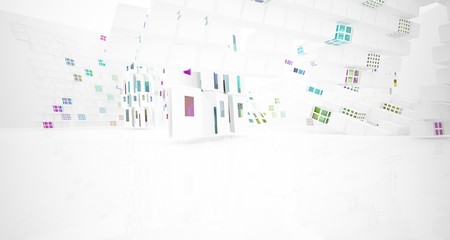 Abstract white and colored gradient glasses interior multilevel public space with window. 3D illustration and rendering.