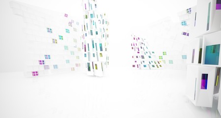 Abstract white and colored gradient glasses interior multilevel public space with window. 3D illustration and rendering.